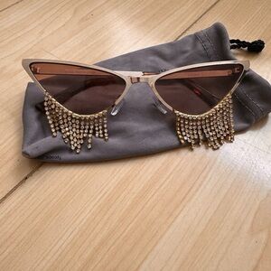 Chic Gold and Brown Cat eye Sunglasses with Rhinestone Fringe